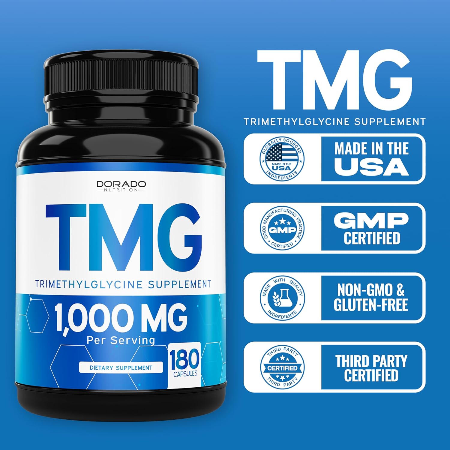 TMG Trimethylglycine Supplement 1,000mg Per Serving (3 Month Supply) - TMG Supplements for Homocysteine Control - as Betaine Anhydrous - Vegan, Third Party Tested & Non GMO - USA Made - (180 Capsules) - Image 5