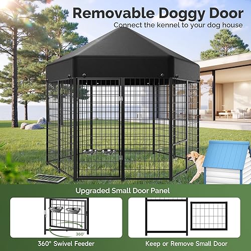 Vista 17 de Sino Luban Perrera para perros al aire libre con puerta para perros, alimentador giratorio y techo - 8 x 4 x 6 pies corrales grandes para perros