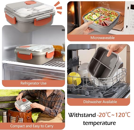 Single Layer Bento Box with 3 Compartments, 1400ml Lunch Box with Cutlery Set, Portable Dinner Snack Boxes Food Containers for School Work Men Women Students Microwave Dishwasher Safe (Khaki)