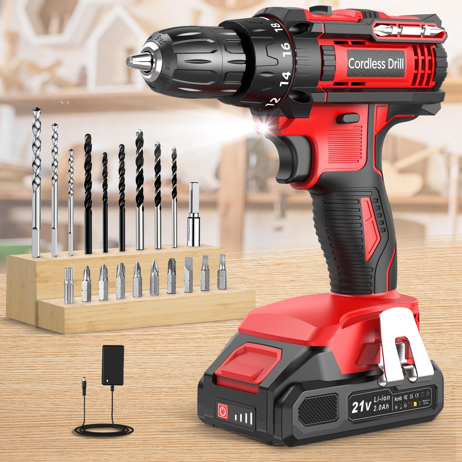 MHPRO Cordless Drill, Electric Drill 21V with 2.0Ah Battery, Power DrillSet 42N.m,10mm Chuck, 2 Speeds, 18+1 Torque, LED Light, 20pcs DrillBits for Garden DIY Project,Red