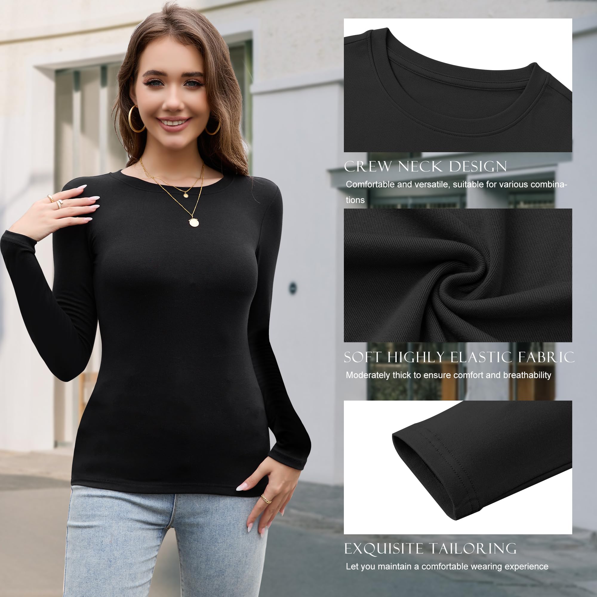 Lot de 5 hauts à manches longues pour femme - Manches longues extensibles - Col rond - Hauts basiques pour femme