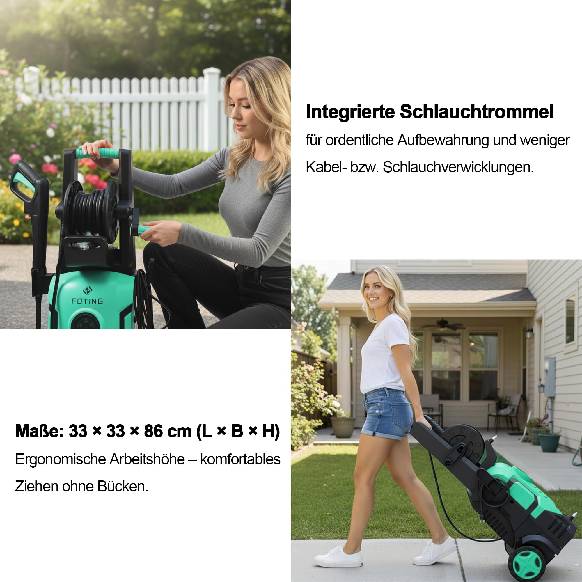 Hochdruckreiniger 200 Bar, Touchscreen 8-stufiger, 6-in-1-Düse, Druck: 100-200bar, Fördermenge: 280-500l/h, Flächenleistung: 60m²/h, mit 500ml Schaumkanone und Schlauchtrommel, Wassersparend