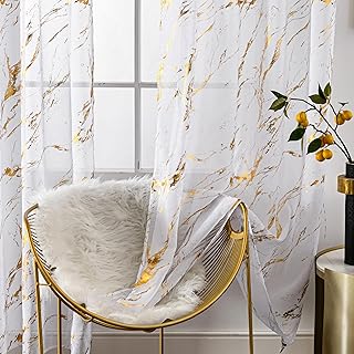 Gold White Marble Sheer Curtains 2 Panels for Bedroom Living Room, Metallic Golden 84 Inch Length, Rod Pocket Privacy Sparkle Glitter for Holiday Decor Window Treatments, 52