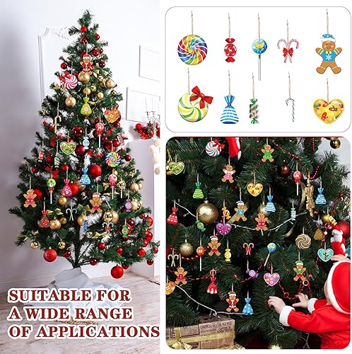 Miniatura 3 de Soaoo 100 Piezas Adornos Colgantes de Caramelo de Menta de Navidad Adornos de Madera para Árbol de Navidad Conjunto Piruleta Pan de Jengibre Bastón