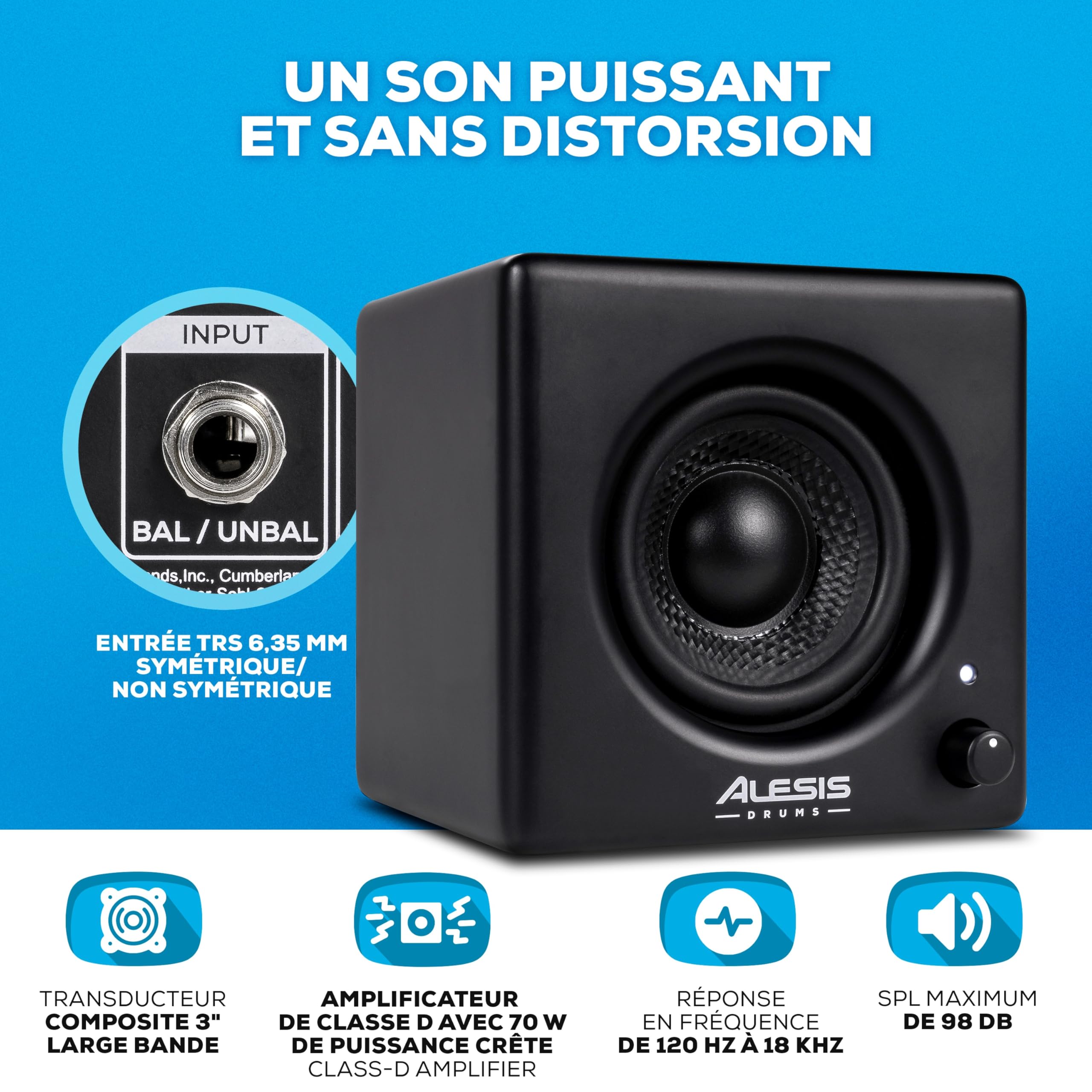 Alesis Nitro Amp - Haut-Parleur de Batterie Électronique 3" Actif 70 W Compact pour l'entraînement et Les Leçons, montable sur Rack avec Les Pinces incluses
