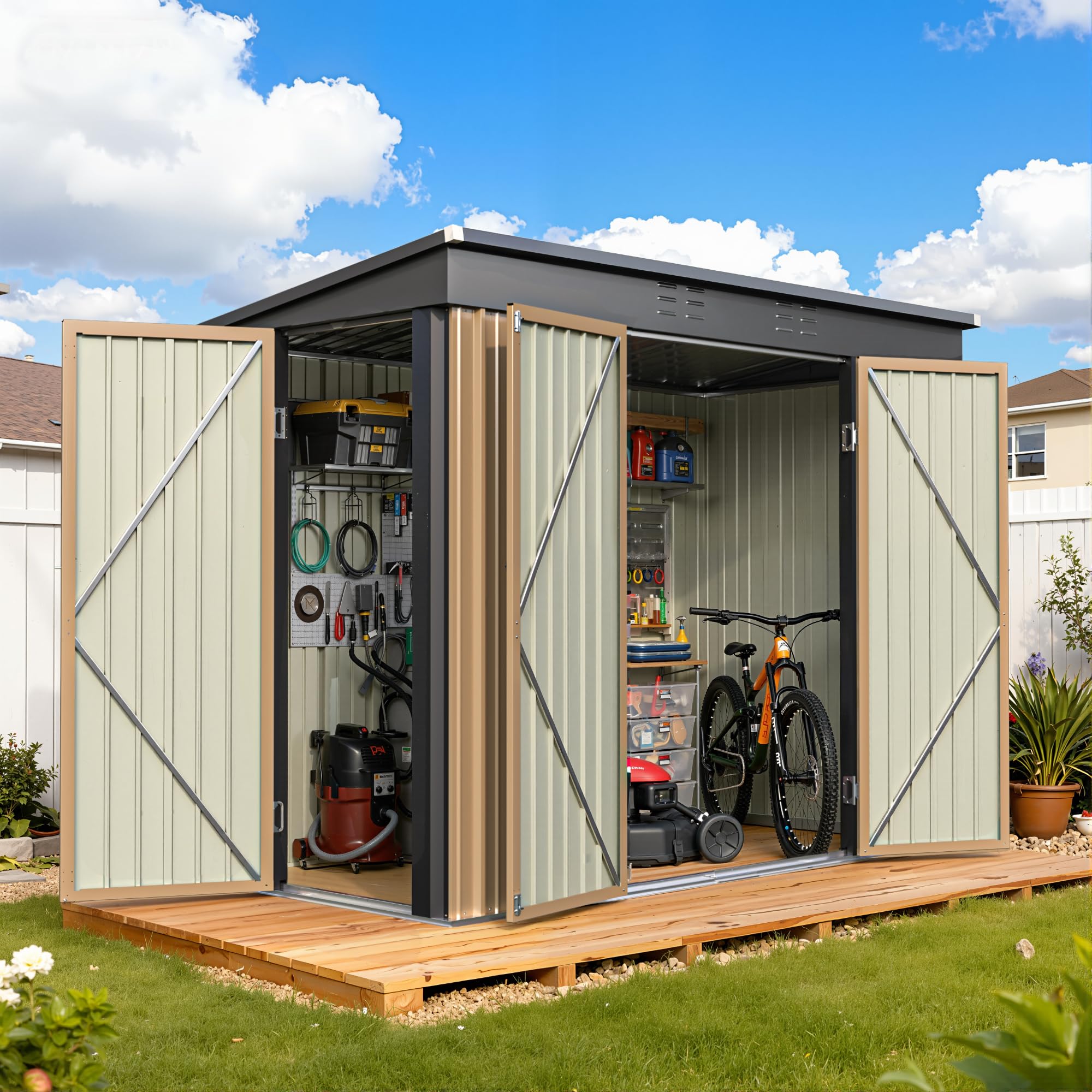 Greesum 8x4FT Outdoor Storage Shed, Metal Shed with Triple Lockable Door