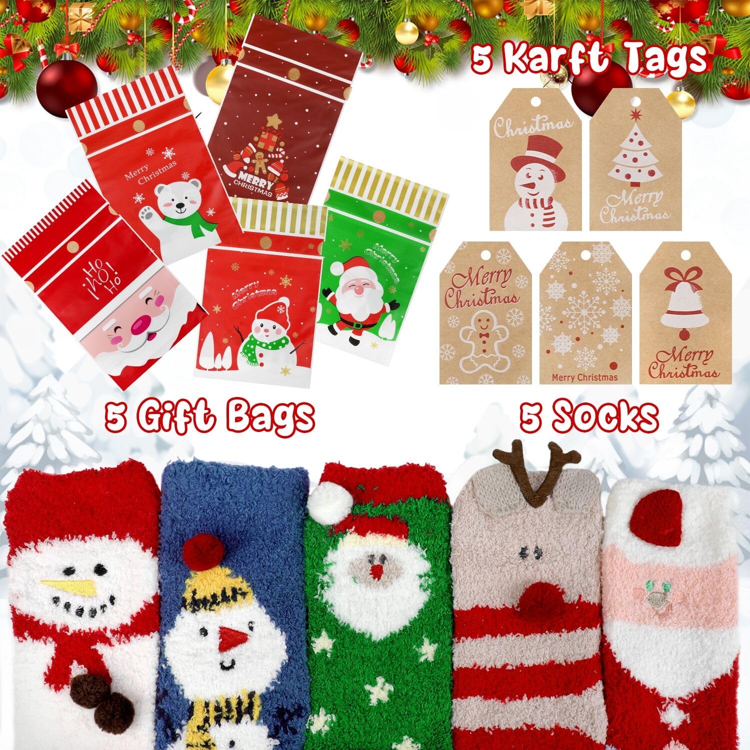 SULOLI 5 paires Chaussettes de Noel avec Sac Cadeaux Chaussettes d’Hiver | Chaud Tricot Pompon Décoration Femme Noël Épais Chaussette à la Maison