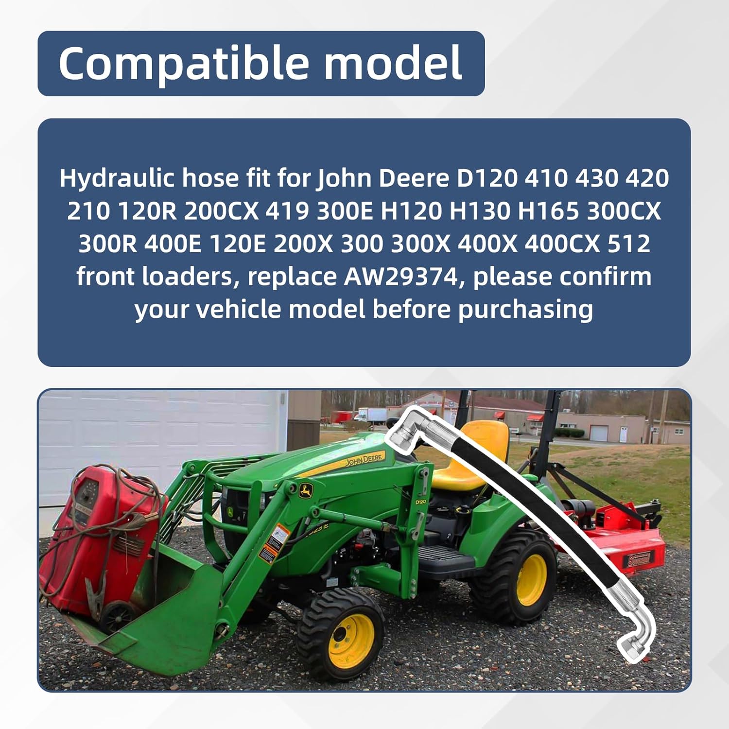 AW29374 Hydraulic Hose, Suitable for John Deere D120, H120, H130, H160, H165, 120E, 120R, 200X, 200CX, 210, 300, 300X, 300CX, 300E, 300R, 400E, 400X, 400CX, 410, 419, 420, 430, 512 Front Loaders 2pcs