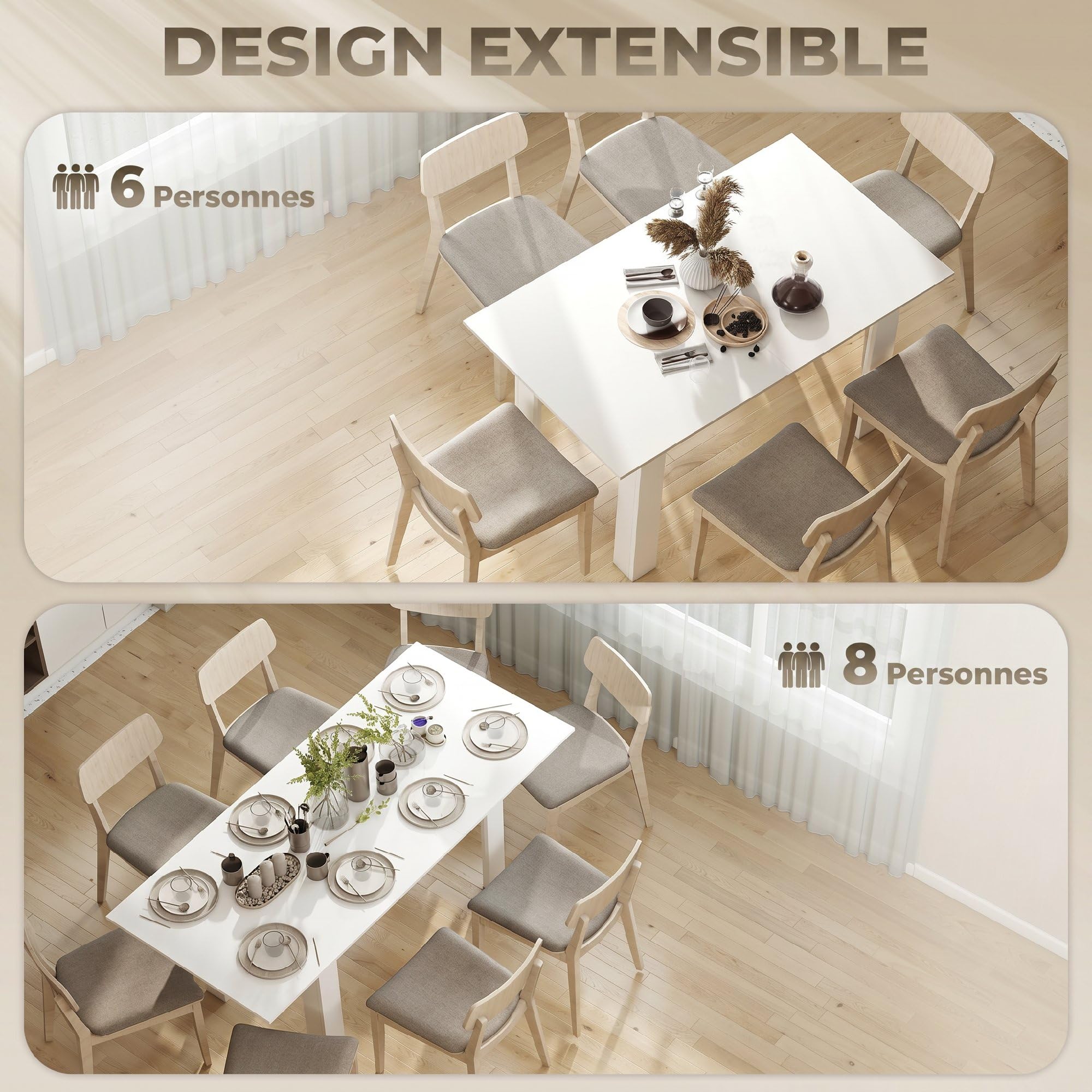 HOMCOM Tavolo da pranzo allungabile moderno 140-180x80cm Bianco | Tavolo da cucina rettangolare, posti 6-8, salvaspazio