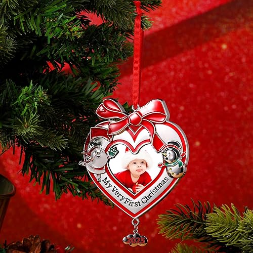 Miniatura 10 de Yookeer Primer adorno de fotos de Navidad del bebé 2025, marco de fotos de Navidad para el primer recuerdo del bebé recién nacido (1 pieza, redondo)