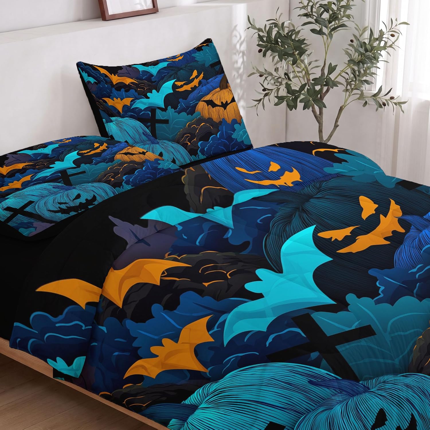 Halloween Theme Quilt Set Full 3 Pieces, Fluorescent Blue Quilts Bedding Set Pumpkin Monster Cross Bedspread Bed Cover Lightweight Spring Summer Beds Coverlet for All Season - 79"X90"