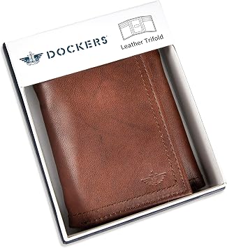 DOCKERS Mens Extra Capacity Slim Profile Trifold Wallet with Multiple Card Slots and ID Window Brown Zipper One Size RFID Extra Capacity Slim