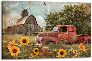 KPLUNDO Vintage Farmhouse Wall Art Old Barn Red Truck Canvas Print Rusti...