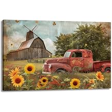 KPLUNDO Vintage Farmhouse Wall Art Old Barn Red Truck Canvas Print Rustic Sunflower Landscape Painting Artwork Home Decoration Ready To HangArtwork-4,12"x18"