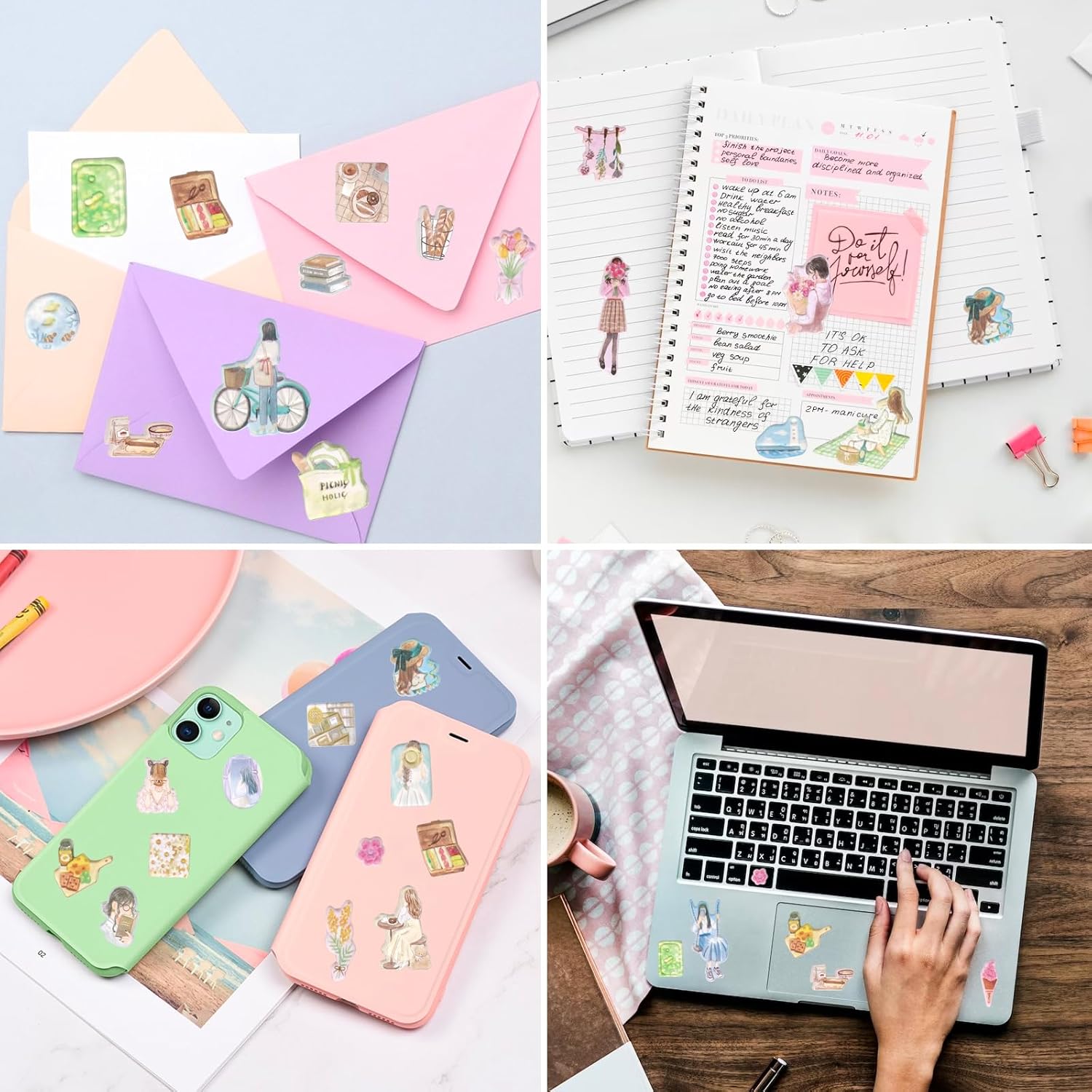 Retro Puffy Aesthetic Stickers for Kids Girls Adults - Cute 3D Japanese Stickers for Phone Case, Puff Flower, Makeups, Fashion, Food, Boho Pink Green Blue, Reusable Trendy Sticker - 6 Pack.