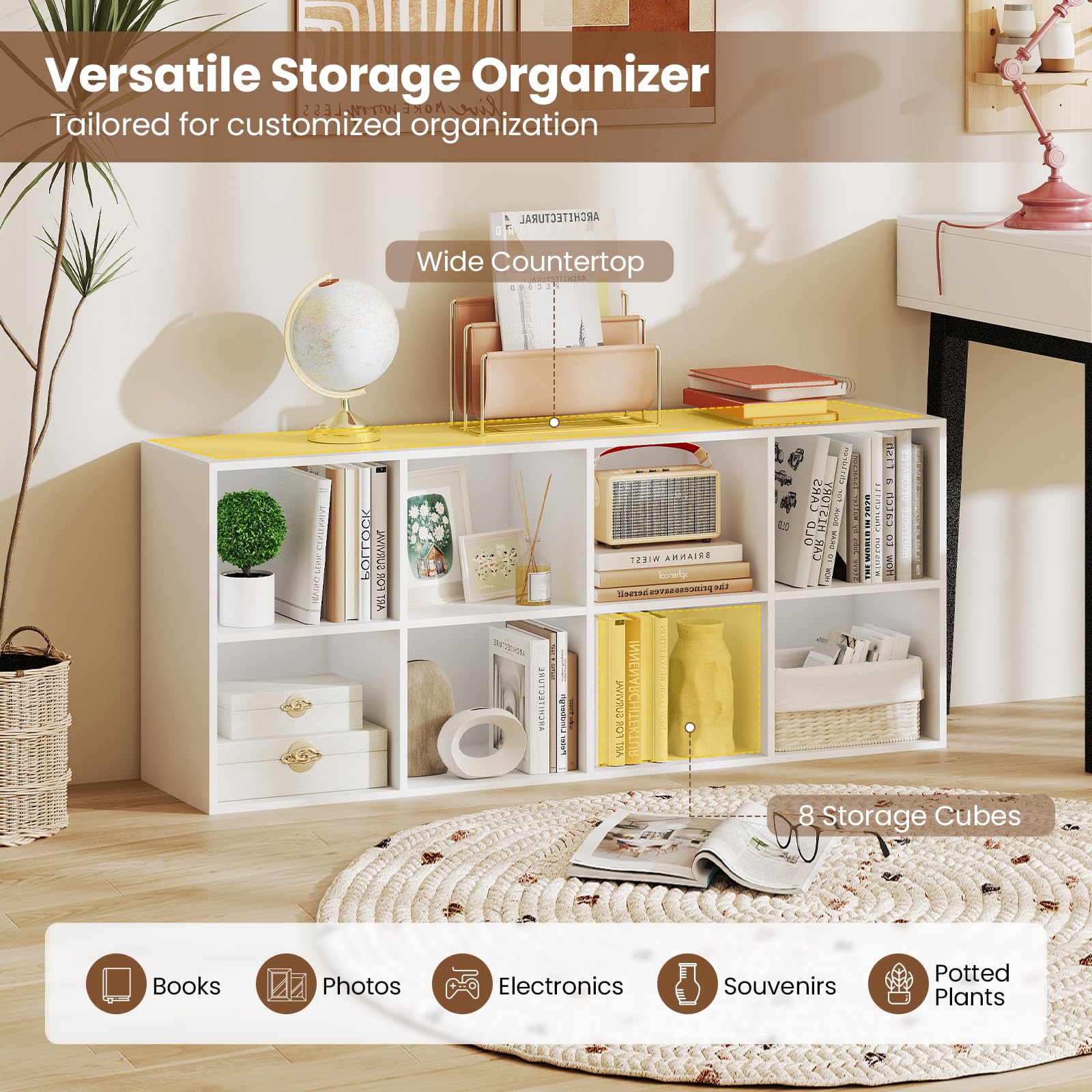KOMFOTTEU Libreria Scaffale con 8 Cubi, Libreria Legno con 2 Dispositivi Antiribaltamento, Mobile Contenitore per Soggiorno, Camera da Letto, Ufficio, 121,5 x 29 x 61 cm (Bianco)