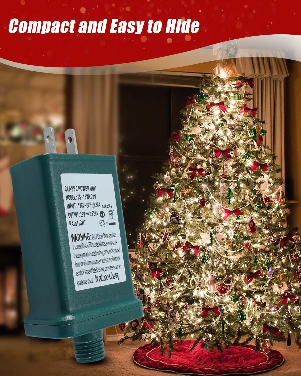 29V 0.621A 18W Power Supply Class 2 Transformer TS-18WL29V Fit for LED String Light Holiday Lighting Christmas X-Mas Tree, 1/2in 12mm Right Positive Adapter, Raintight IP44 Plug Connector, 2Pcs