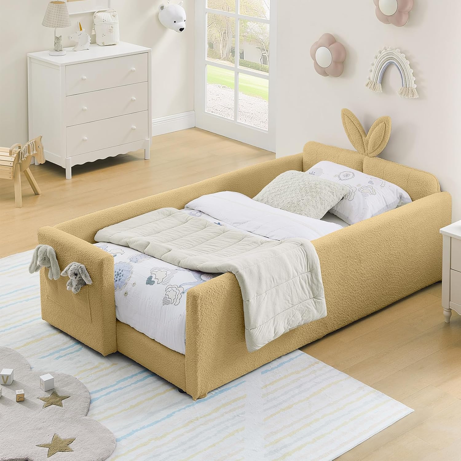 Twin Size Bed Frame for Kids, Upholstered Daybed Frame Floor Bed with Safety Rails and Storage Pocket Cute Rabbit Ear Shaped Headboard for Kids Teens Boys Girls, Yellow
