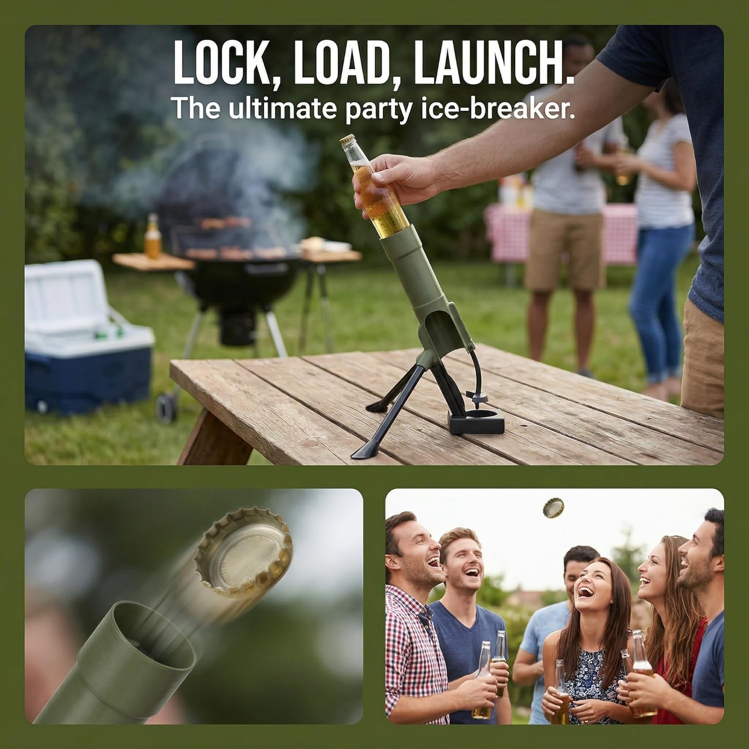 Cap Mortar Bottle Opener - Tactical Beer Cap Launcher with Adjustable Arms for 12oz Bottles - Heavy Duty Military Bar Decor - Fun Gift for Men, Veterans, Dads