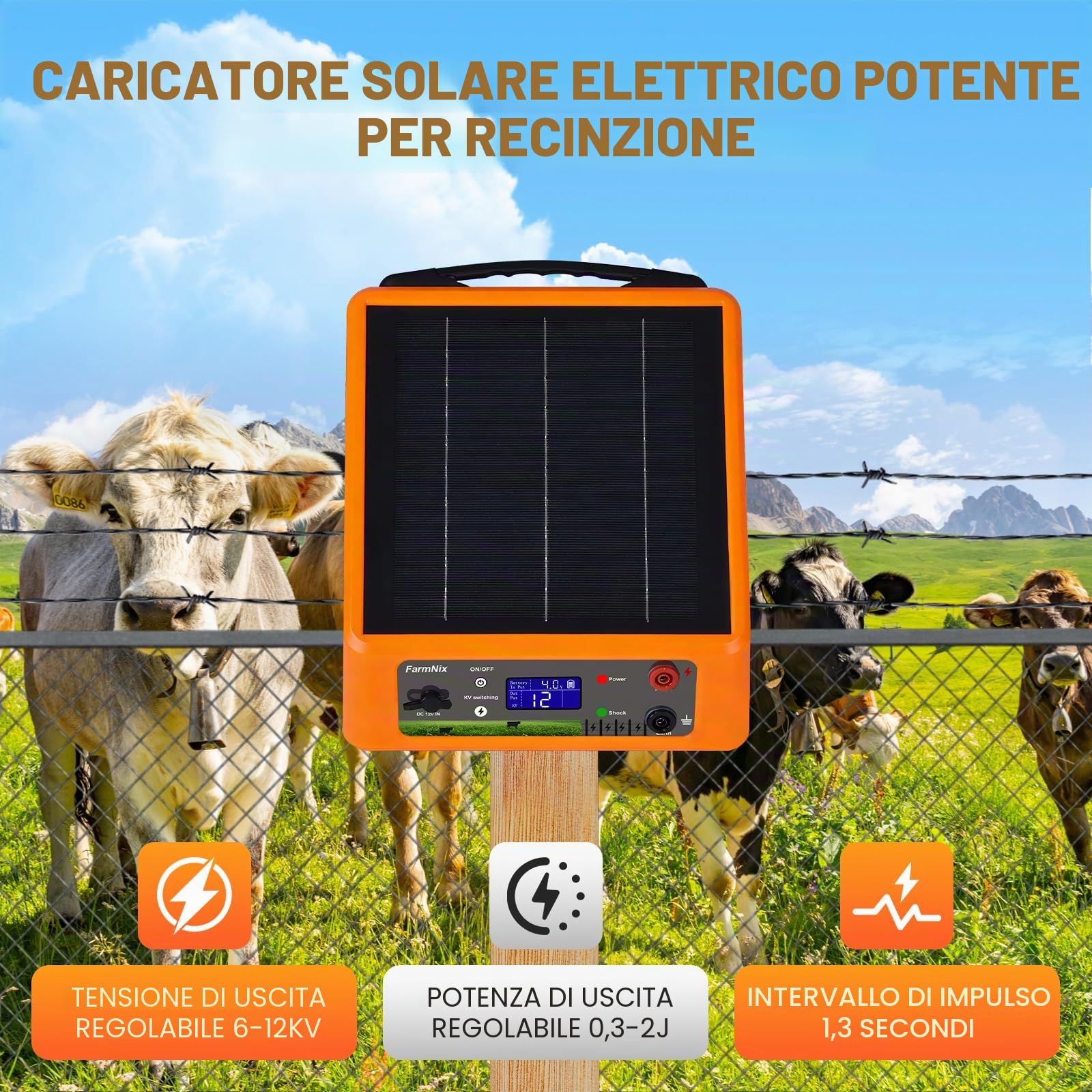 Elettrificatore Recinto Elettrico Solare 32KM, Uscita 6-12KV | 0.3-2.0J Regolabile, con Batteria Litio 18Ah, Pannello 6W IP55 per Cavalli, Bestiame, Pecore, Cinghiali