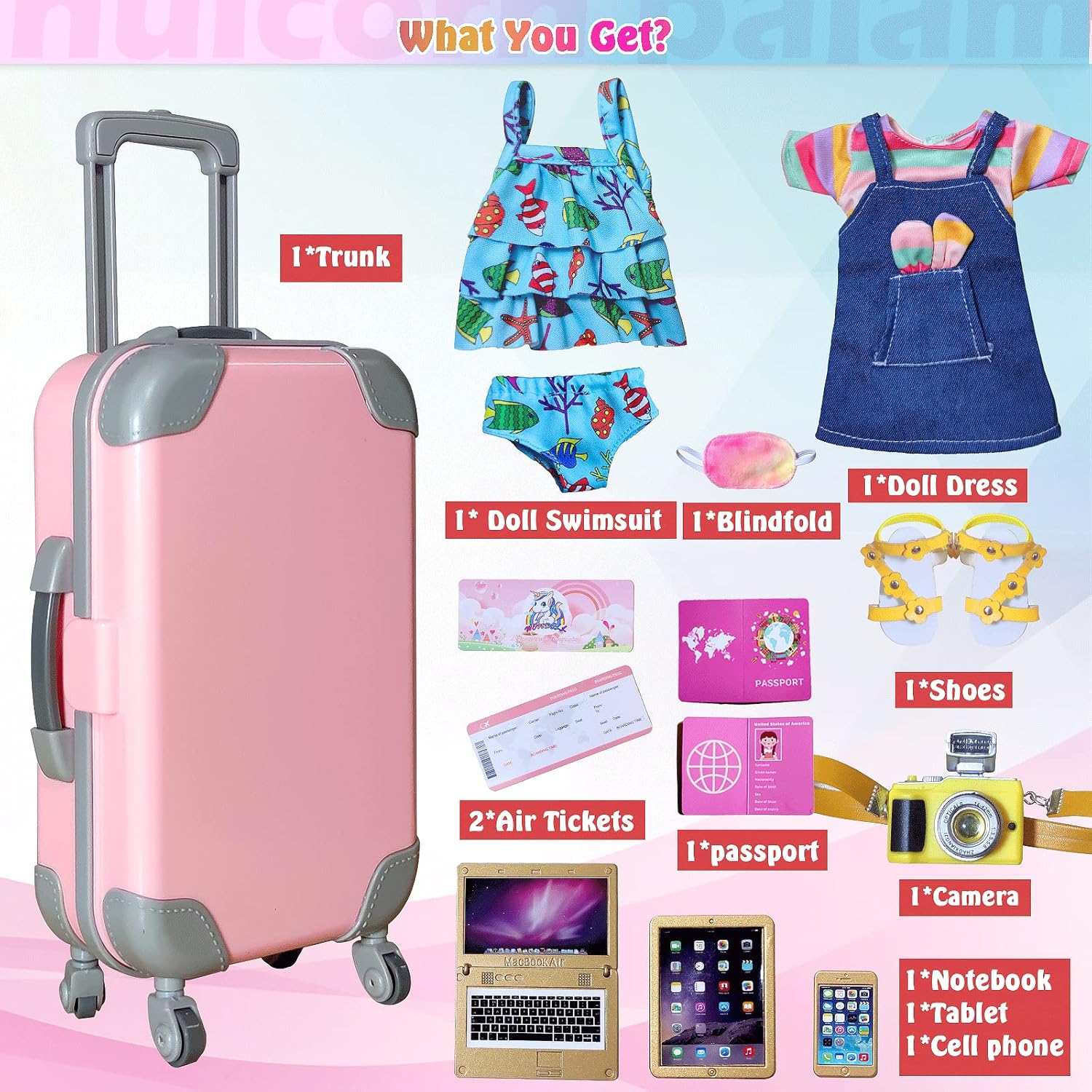 14-inch-Doll-Clothes and Travel-Suitcase Play Set Accessories - Including Luggage, ​2 Sets of Doll Clothes, Shoes Sunglasses Camera Computer Travel Pillow Blindfold Passport Tickets