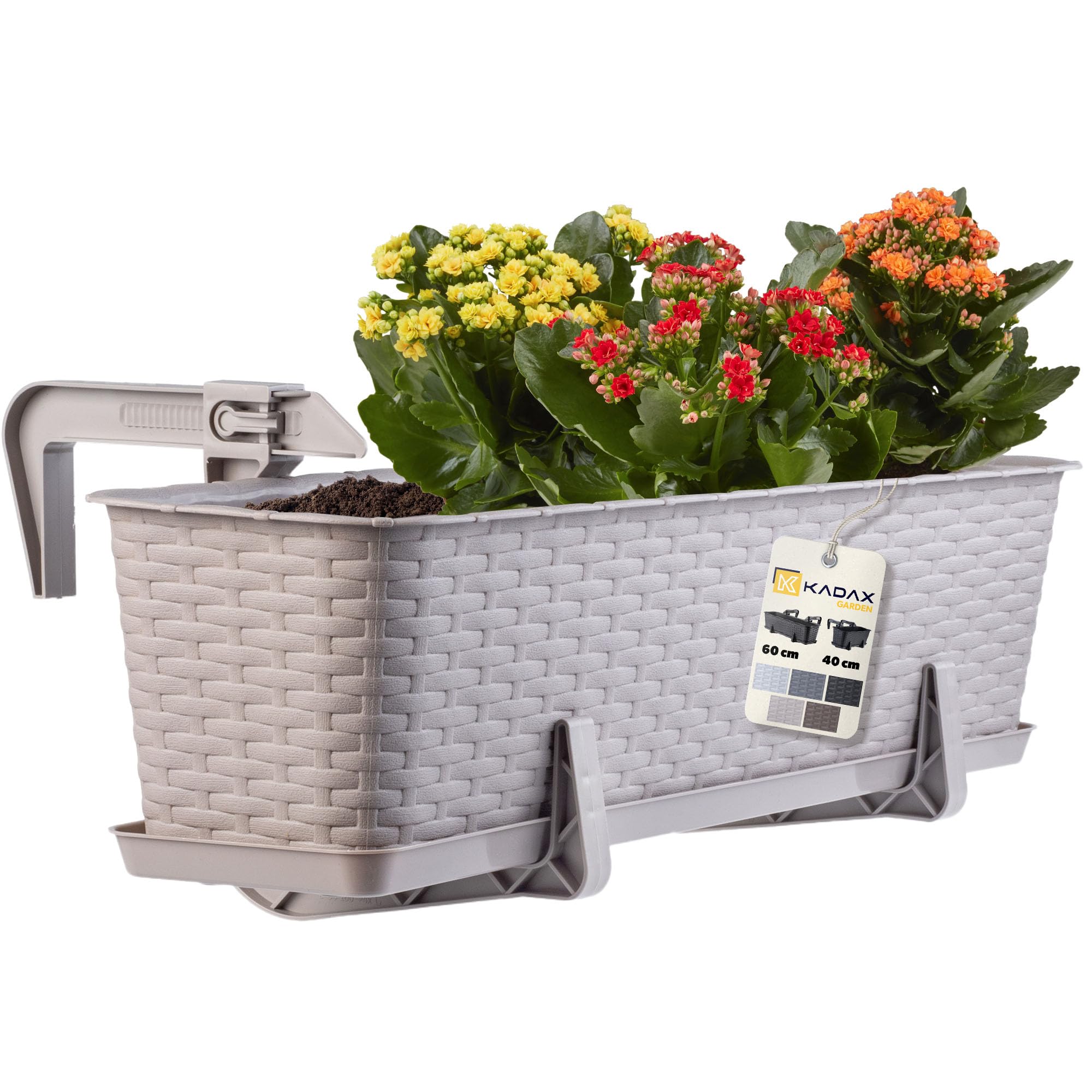 KADAX Blumenkasten 60 cm Karamell mit Halterungen & Untersetzer, Rattan-Optik – Pflanzkübel für Balkon, wetterbeständiger Balkonkasten