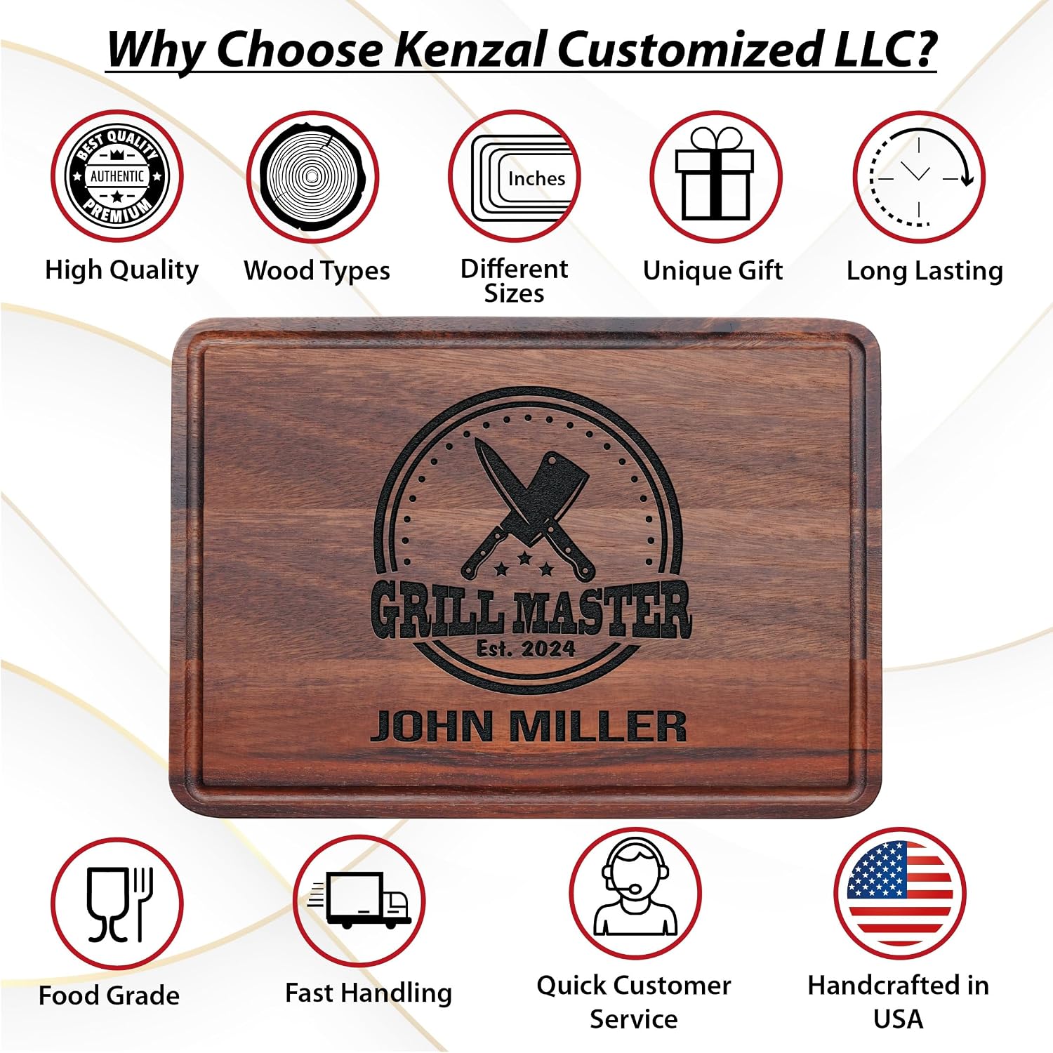Kenzal Customized Custom Cutting Board, Grill Master Father's Day Gifts for Dad from Kids, Unique BBQ Gifts for Griller, Men, Birthday, Anniversary, Husband, Dad, Grandpa, Uncle, BBQ Masters, Chefs