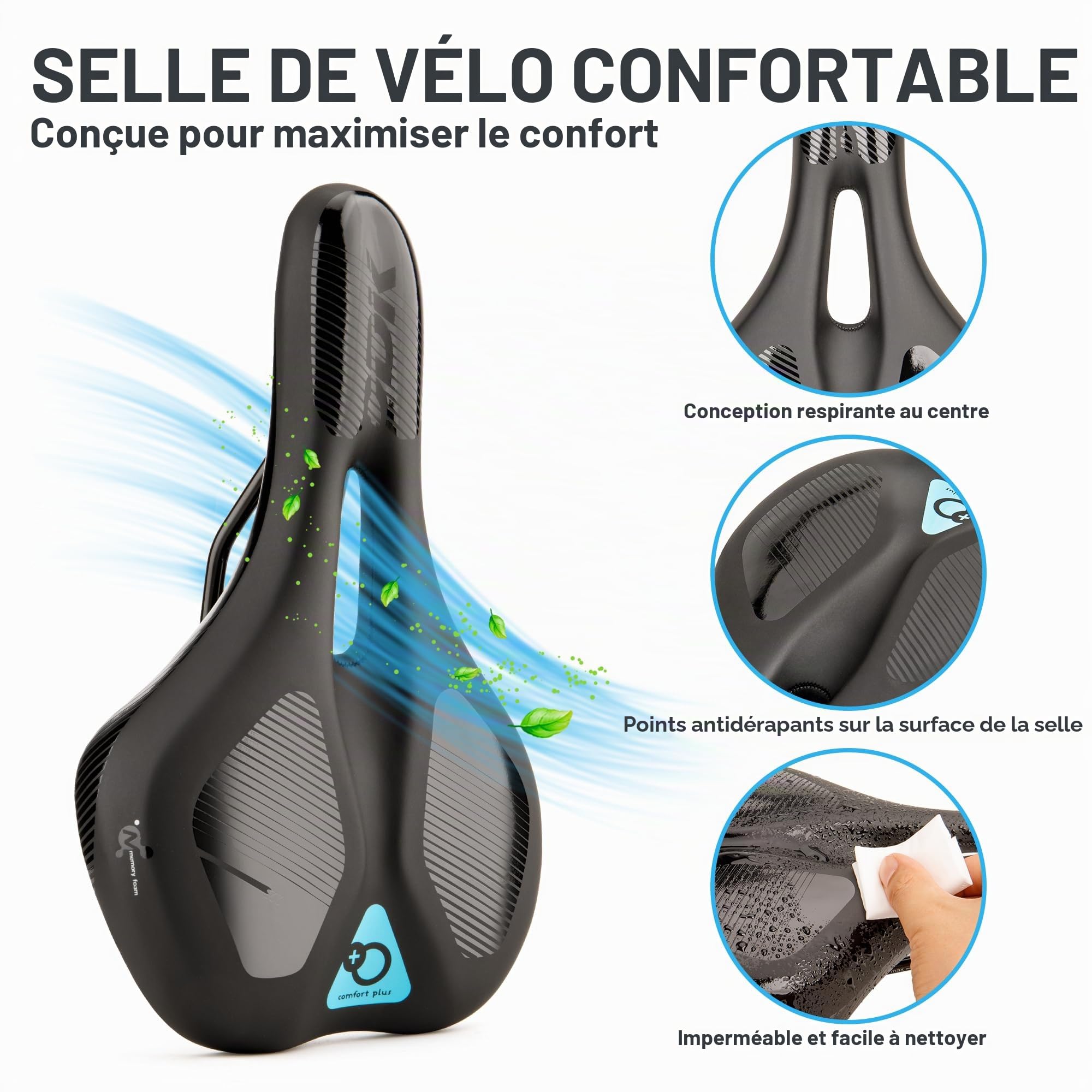 DDK Comfort Plus Selle de vélo - Selle Confortable en Mousse à mémoire de Forme - Soulage la Pression et absorbe Les Chocs - Selle Confortable et rembourrée pour Homme et Femme