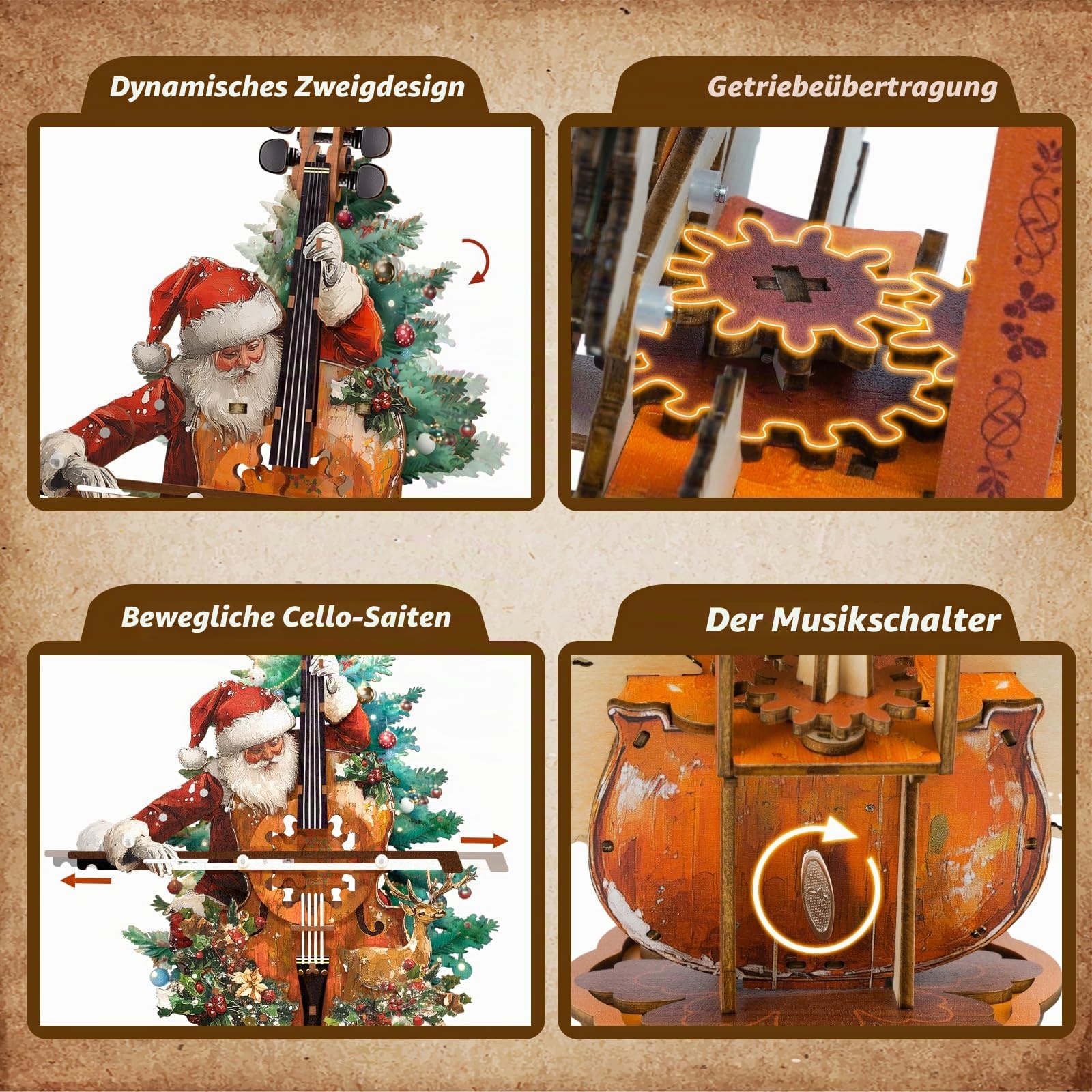 3D Holzpuzzle Erwachsene, Weihnachtskonzert Cello Holz Spieluhr Modellbausätze, Basteln/Schreibtisch Wohn Dekoration/Hobbys für Frauen und Männer, Geschenk zum Geburtstag und zu Weihnachten