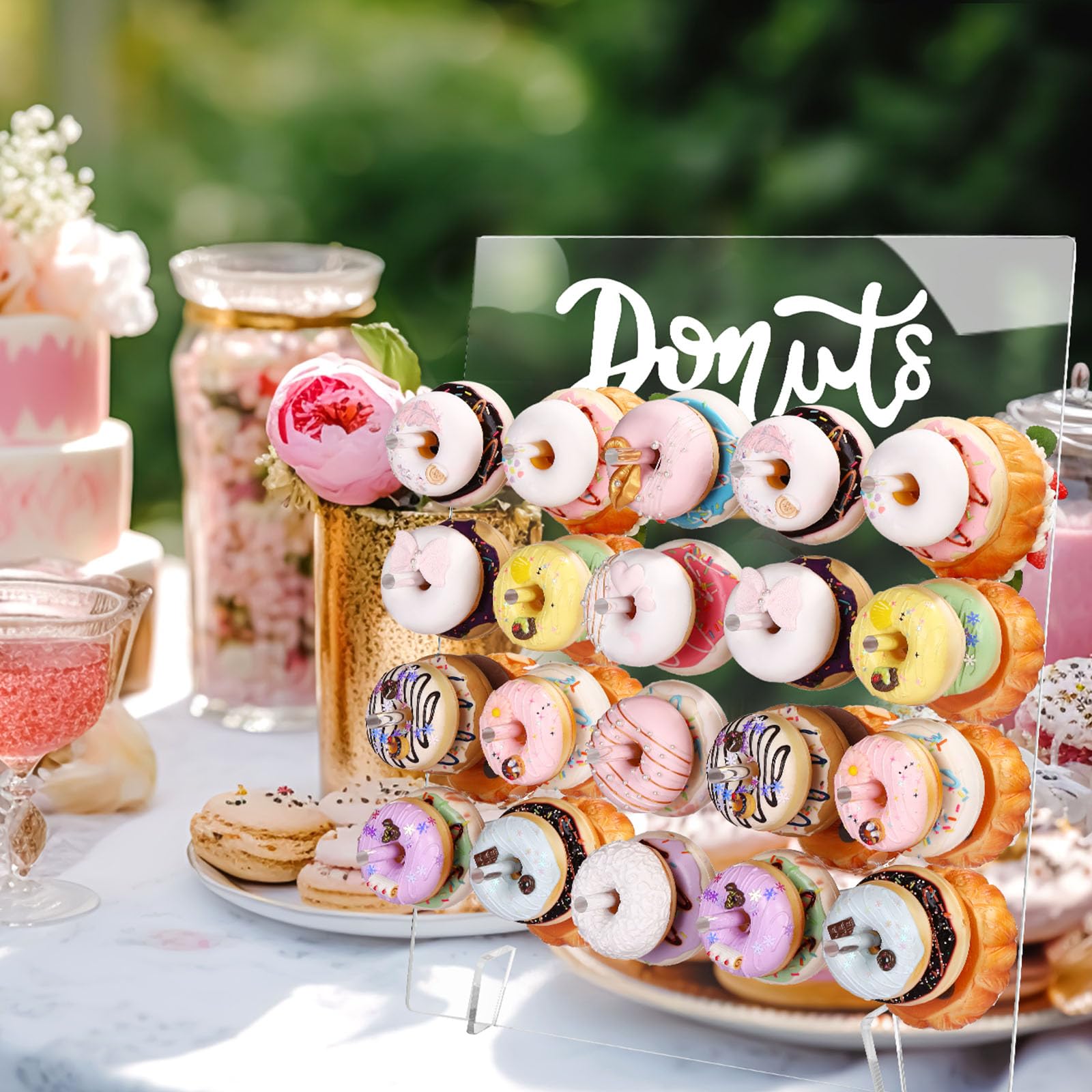 Soporte de exhibición de donas de acrílico reutilizable para 20 clavijas de 17.7 x 15 pulgadas, tablero de donas para mesa de postre, donas, decoración de fiesta de cumpleaños para fiesta de