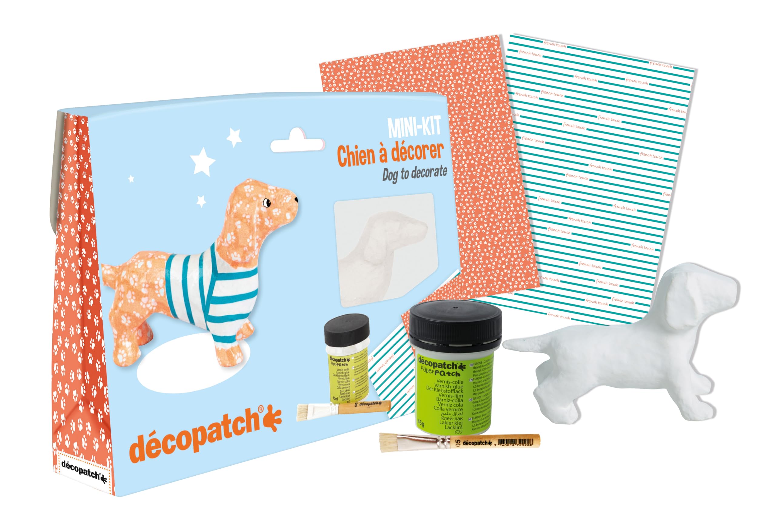 Decopatch KIT026C - Un mini KIT che include un animale in cartapesta bianca, 2 fogli Decopatch, un pennello e un vasetto di colla vernice, Bassotto