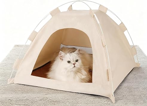 Portable Cat Tent Pop Up, Foldable Indoor Cat House Tent with Mesh Panels, Weatherproof Cat House for Outdoor Cats, Pop-Up Cat Tent for Patio, Balcony, Yard, Camping and Travel22.8x22.8x18.9