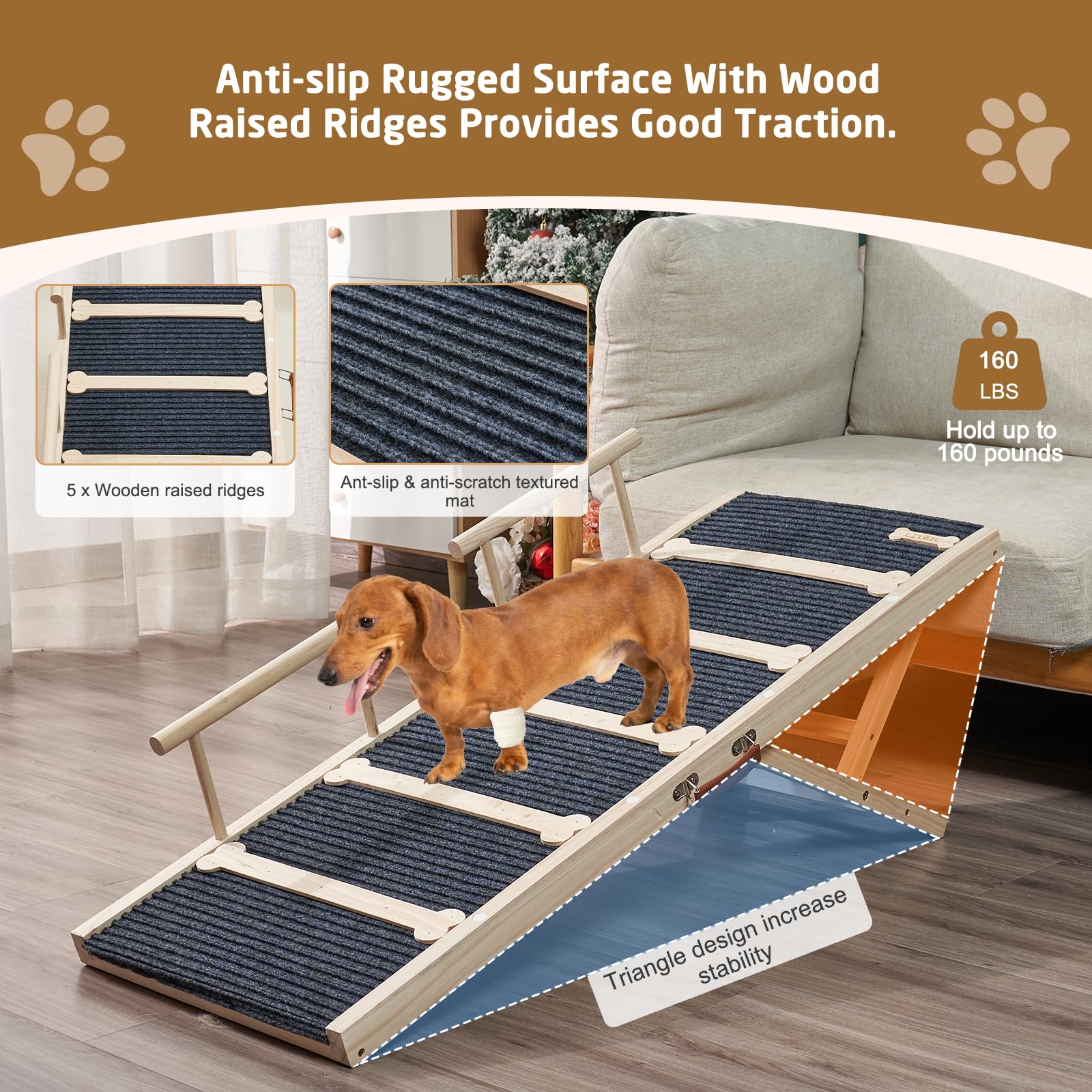 Rampe pour chien en bois pour lit haut, 120 cm de long, rampe antidérapante pour canapé, 6 hauteurs réglables de 40 à 71 cm, avec tapis de traction antidérapant pour chiens de petite, moyenne et