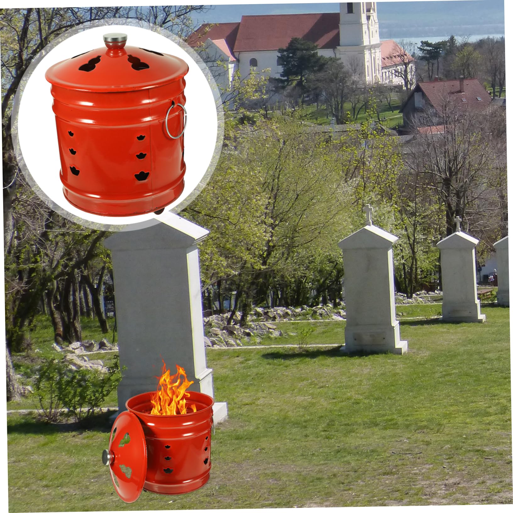 Secchio Rosso in Smalto per Bruciare Carta Design Robusto e Creativo, per Cerimonie di Culto e Bruciare Offerte in Giardino, Stili multipli