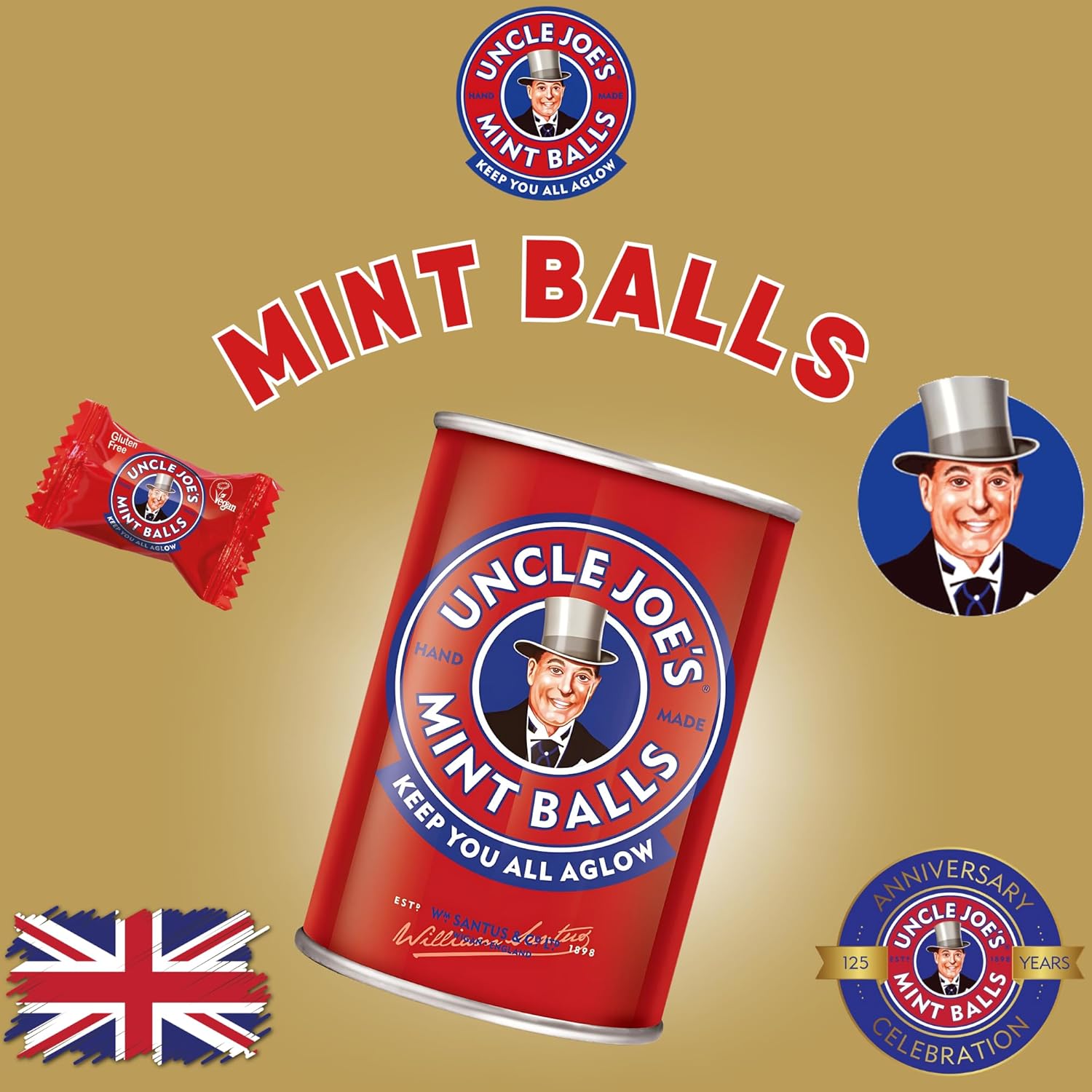 Uncle Joe’s Mint Balls Tin 4.23 Oz (Pack of 3) | All Natural, Vegan, Gluten Free British Candy | Real Peppermint Oil Hard Candy | Individually Wrapped English Mints | Imported UK Breath Mint Gift Tin