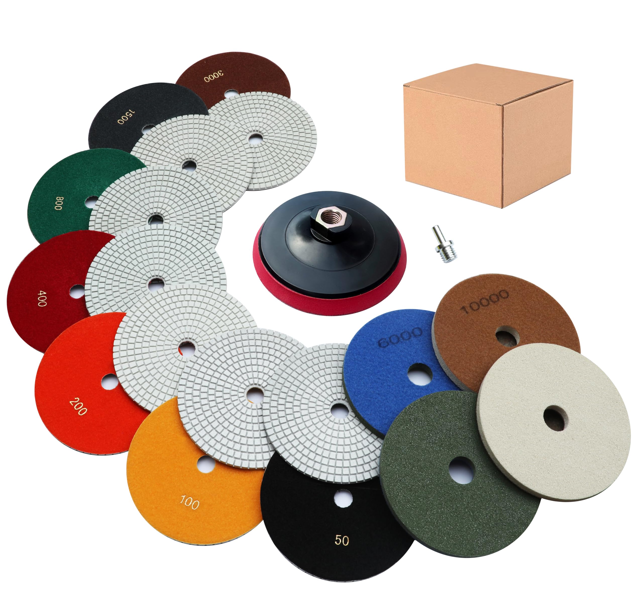 Waies 11 Packs Diamond Polishing Pads with M14 Backer Pad 9 PCS Wet/Dry Polish Pad Kit for Drill Grinder Polisher 50-10000 Grit Pads for Marble Tile Quartz Granite Concrete Countertop (150mm) — image 1