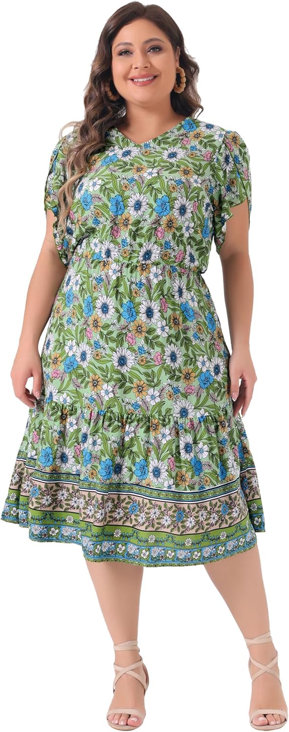 Agnes Orinda Plus Size Summer Boho Dresses for Women V Neck Short Sleeve Casual Floral Print Beach Midi Dress - Image 3