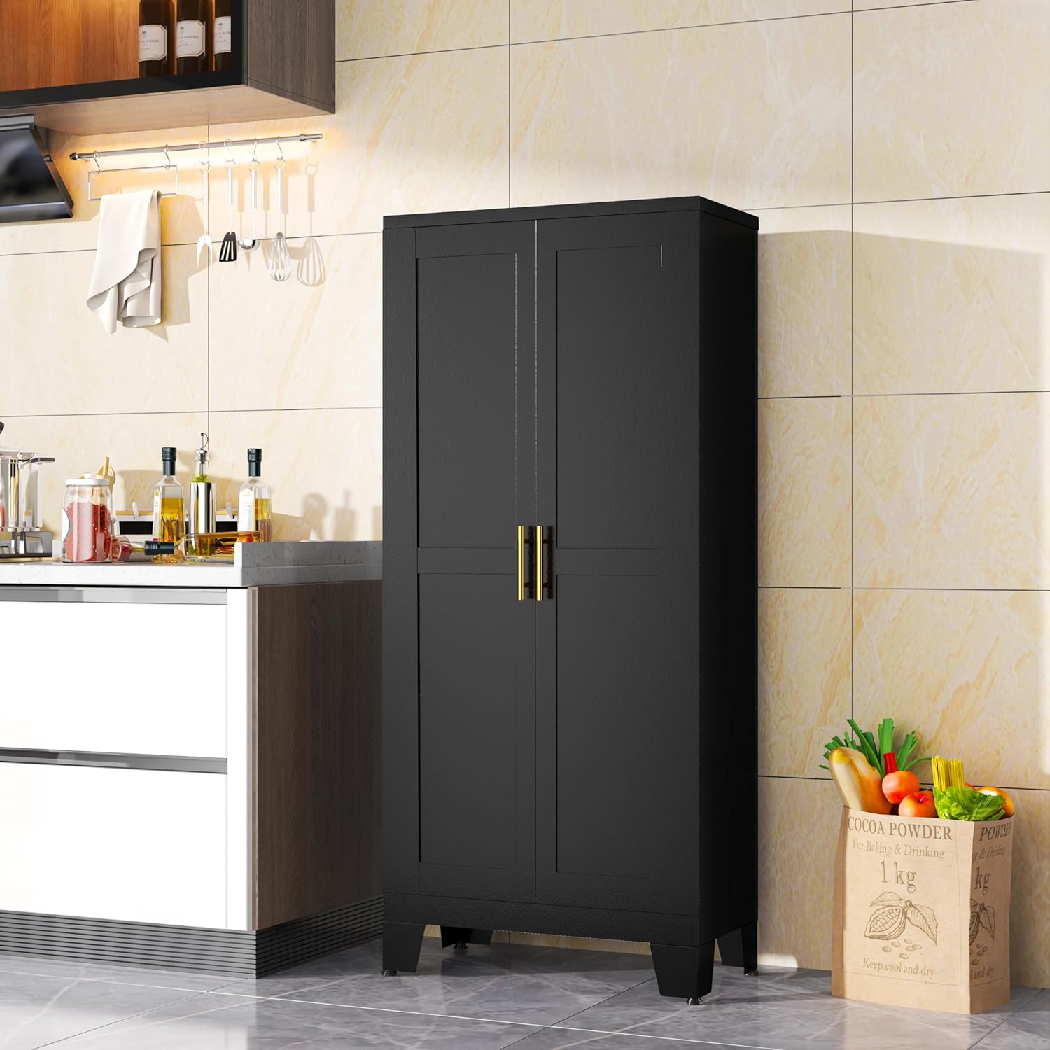 Black metal storage cabinet with doors closed, positioned in a modern kitchen setting.