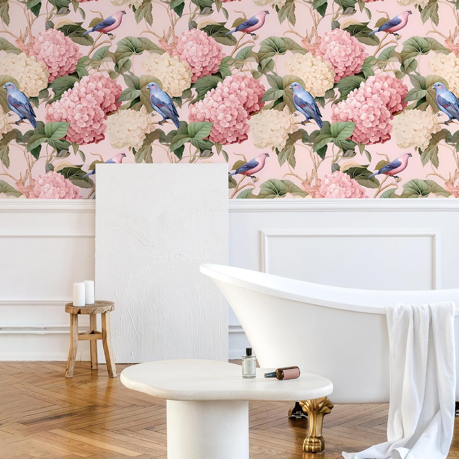 VEELIKE Pink Hydrangea Floral Peel and Stick Wallpaper Vintage Bird Wallpaper for Bedroom Living Room 17.7''x354'' Removable Self Adhesive Contact Paper Hydrangea Wall Mural for Girls Room Bathroom
