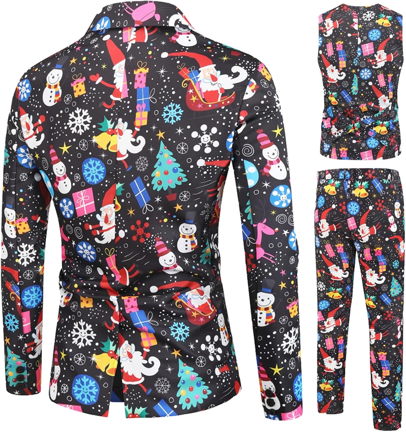 Mens Christmas 3-Piece Tuxedo Set Long Sleeve Prints Tux Jacket Vest Pants with Bow Tie Christmas Party Suits