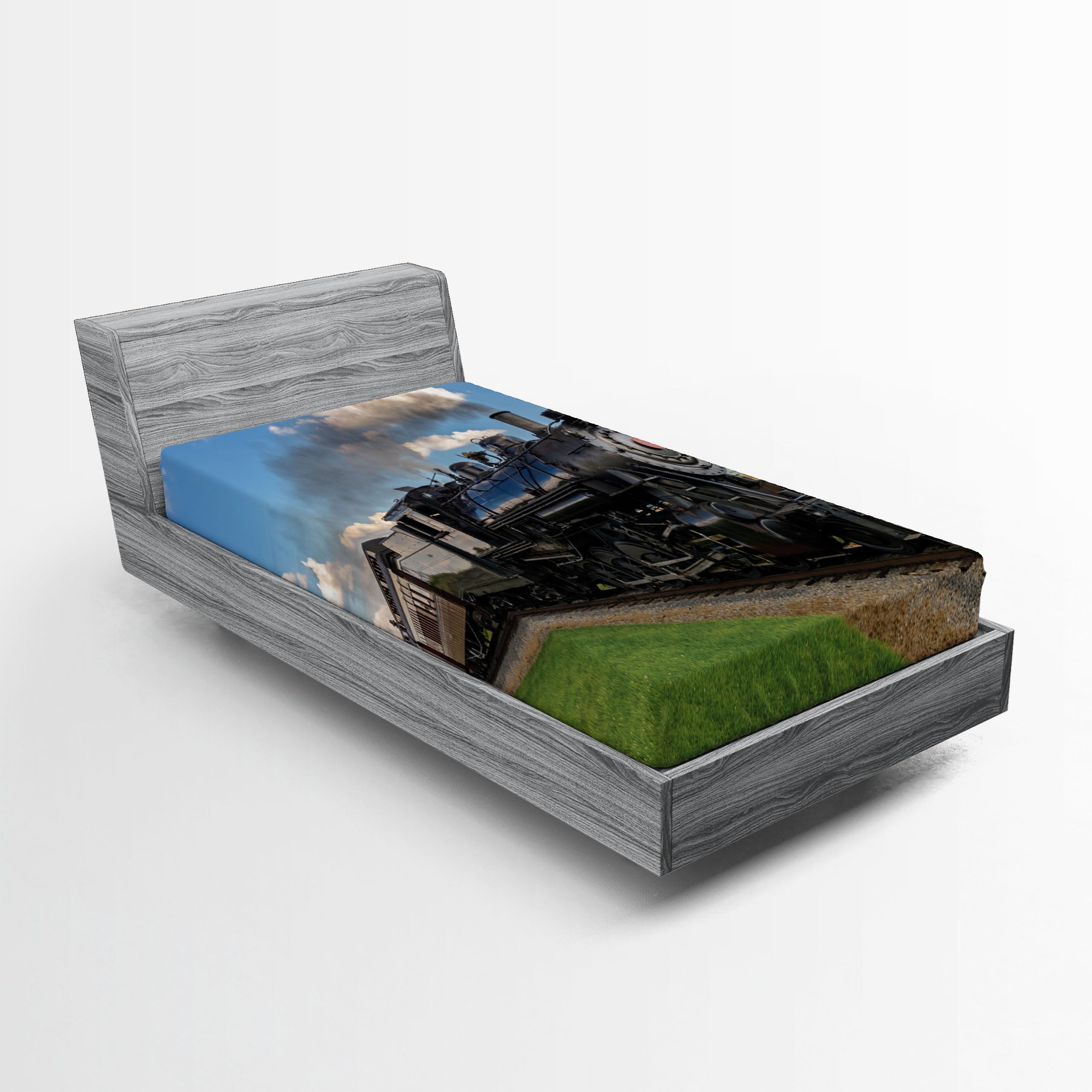 Ambesonne Steam Engine 2 Pack Fitted Sheet, Countryside Train, Bed Cover All-Round Elastic Deep Pockets 2 Pieces, Package Contains 2 Twin Size Fitted Sheets, Blue Green