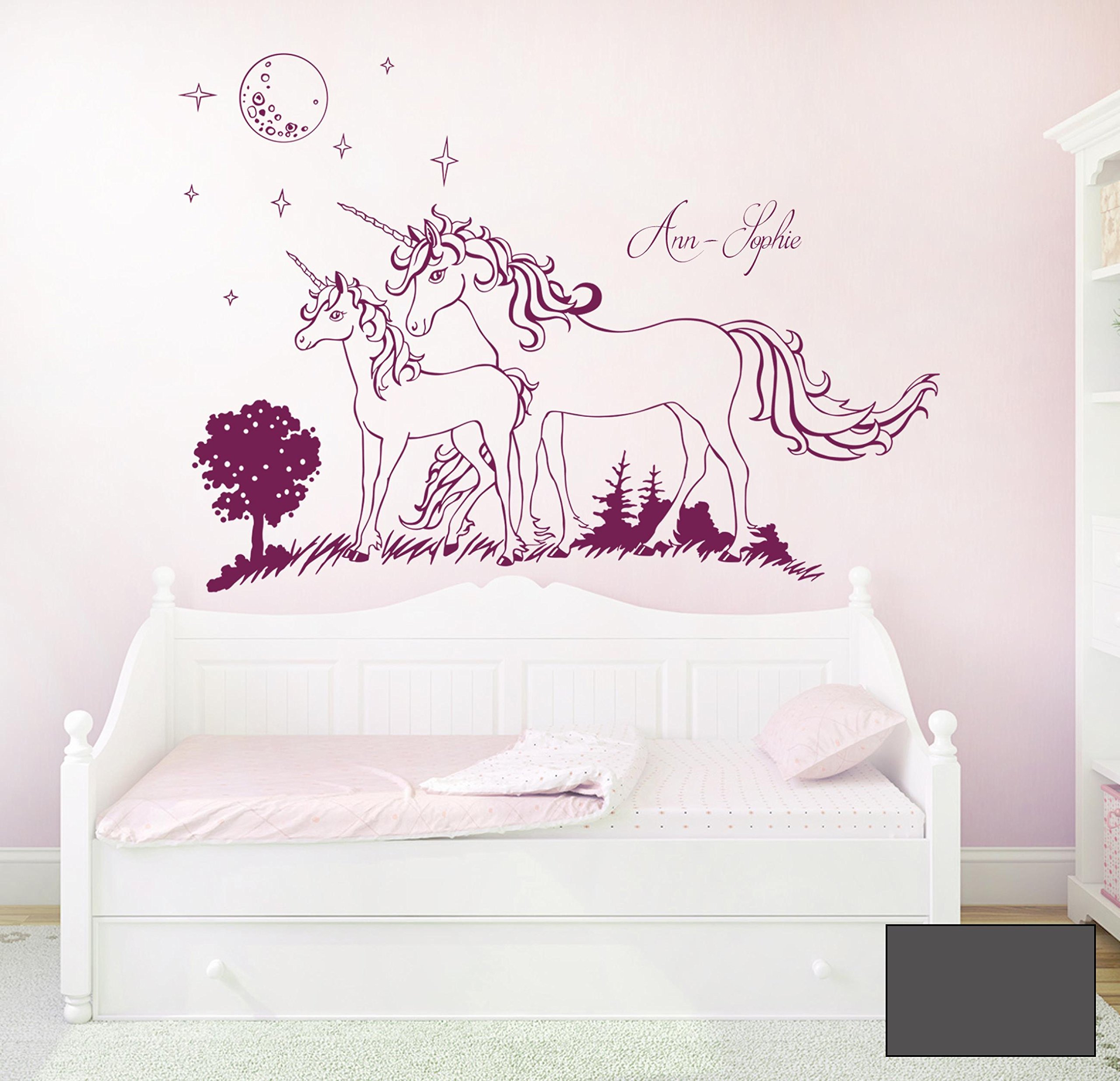 Wandtattoo Wandaufkleber Einhorn Einhörner Sterne mit Namen Wunschname M1600 - ausgewählte Farbe: *Dunkelgrau* - ausgewählte Größe: L - 120cm breit x 85cm hoch