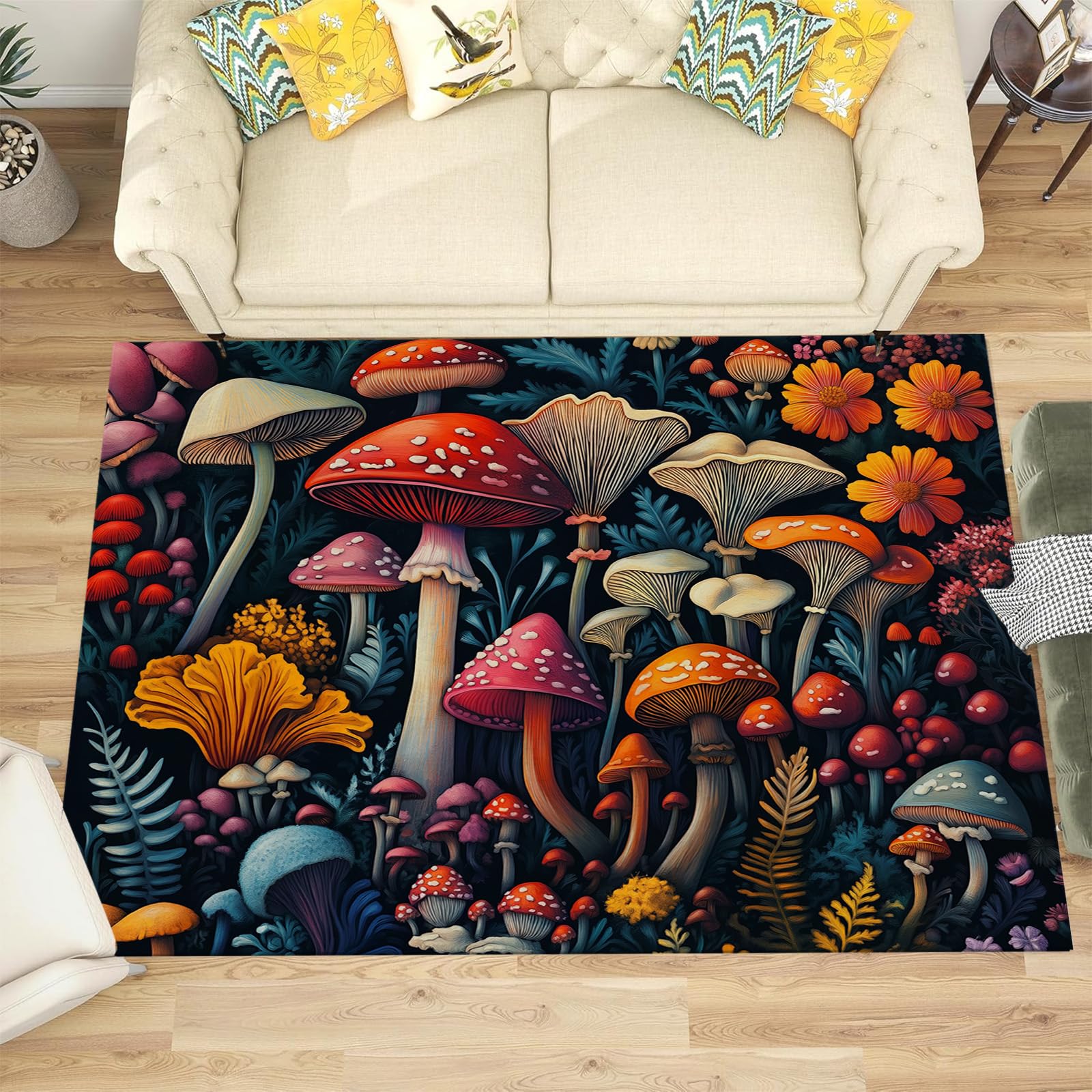 Alfombras con diseño de hongos mágicos y flores para decoración infantil en el salón