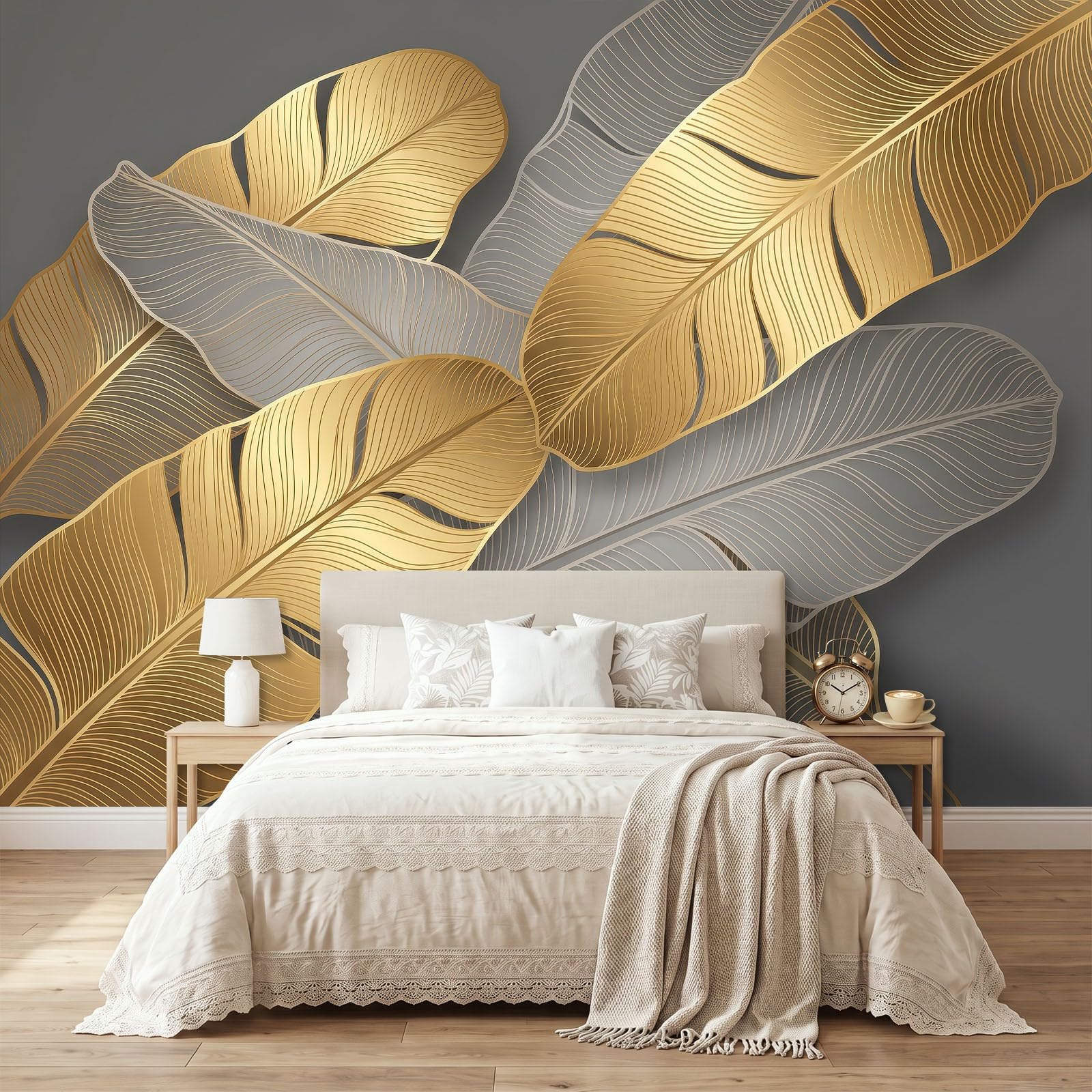 Panoramiczna tapeta z włókniny 350 x 256 cm minimalistyczny styl botaniczny, ciemnoszare tło złote liście bananowca fototapeta, do salonu dekoracja ścienna do pokoju dziecięcego