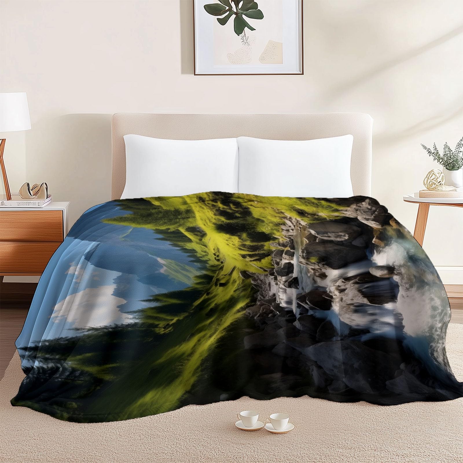 Koc polarowy 200 x 220 cm naturalny wodospad góry, ciemnozielony flanelowy koc polarowy dla 2 osób, z nadrukiem, miękki i ciepły na sofę