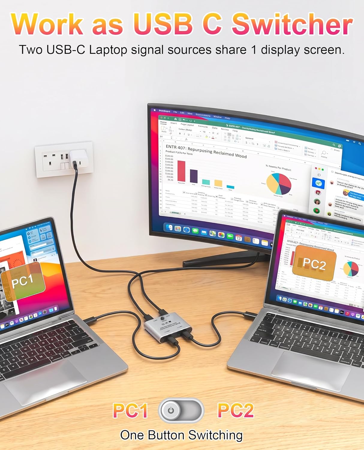 8K USB C Switch, Bi-Directional USB C Switcher for 2 Computers - 8K@60Hz/4K@120Hz Video + 100W PD Charging + 10Gbps Data Transfer, 1 in 2 Out / 2 in 1 Out USB C Splitter Switch with Power Cable
