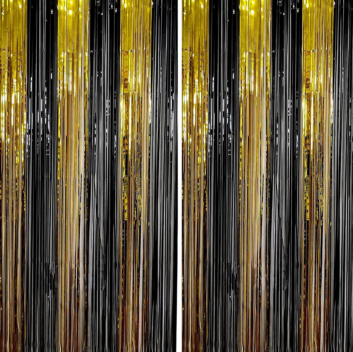 2 Pack 3.3 ft x 6.6 ft Gold and Black Metallic Foil Curtaion for Halloween Christmas Party Decorations Rain Curtains Background for Stage Decoration(Black Gold)