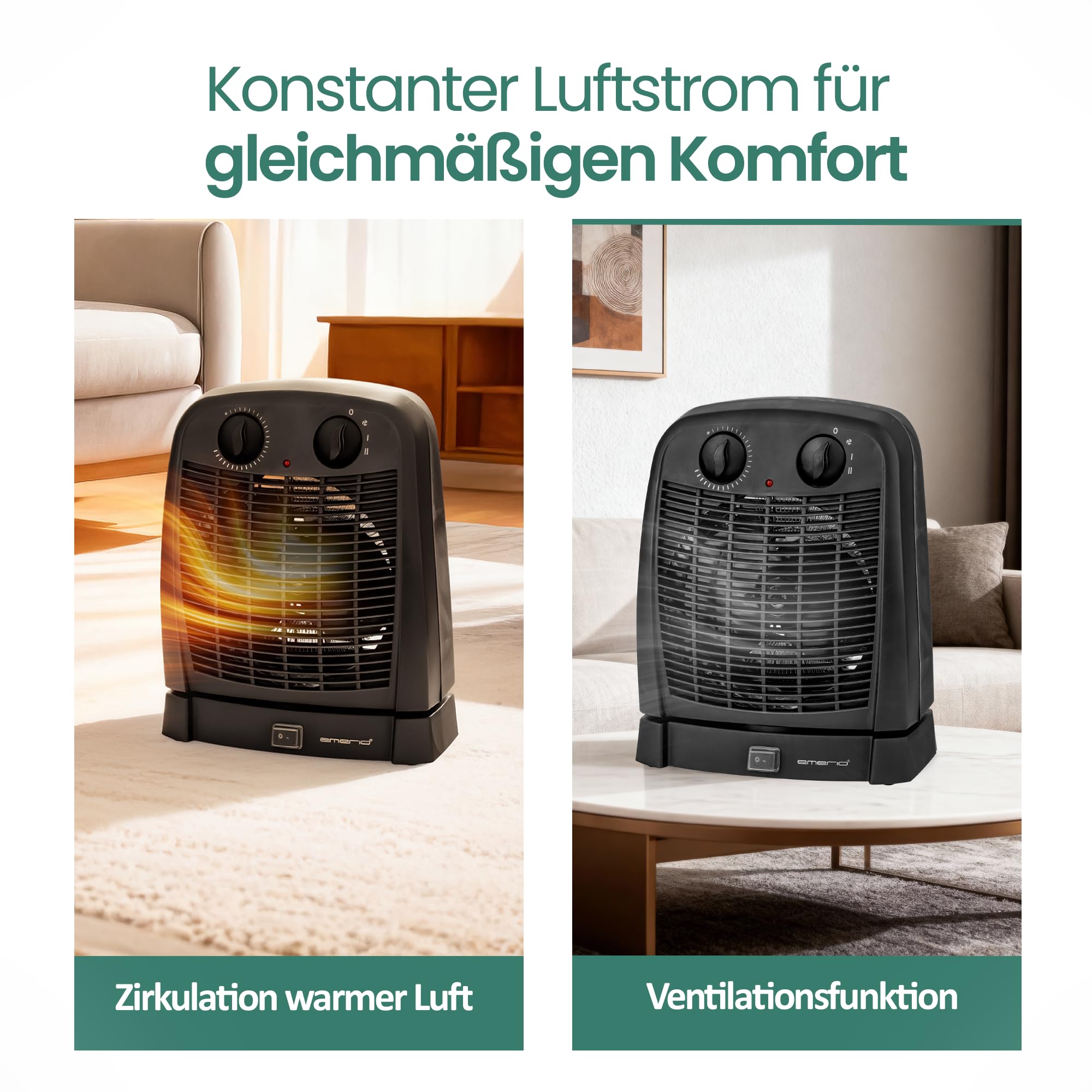 EMERIO Calentador de ventilador | para habitaciones de hasta 20 m² | 2000 W | IP21 | 2 niveles de calor | termostato ajustable | oscilante | función de ventilador | protección antivuelco | FH-111910.2