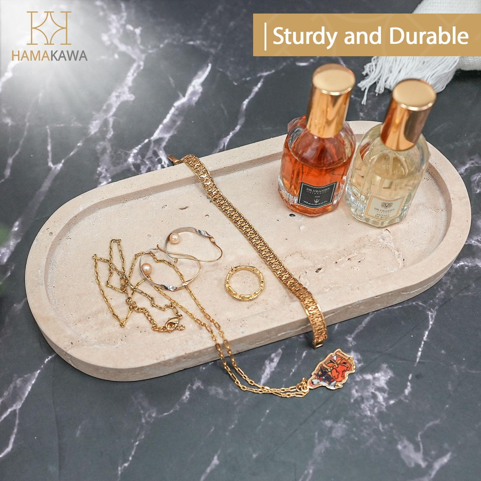 Plateau Decoratif Ovale, Plateau Marbre Naturel 25 cm, Beige Plateaux Salle de Bain, Plateaux Parfum Modernes Travertin, Rangement Comptoir pour Bijoux, Cosmétiques, Bougie