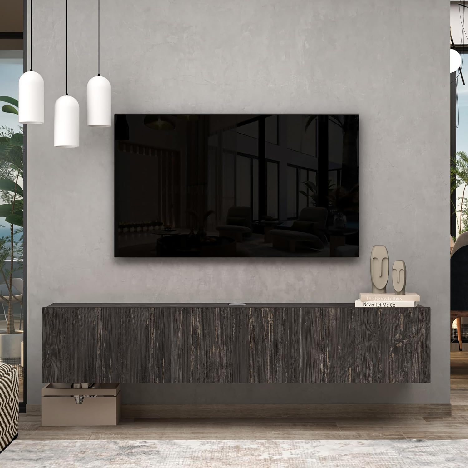 Black Wood Floating TV Stand for 65-80 Inch TVs